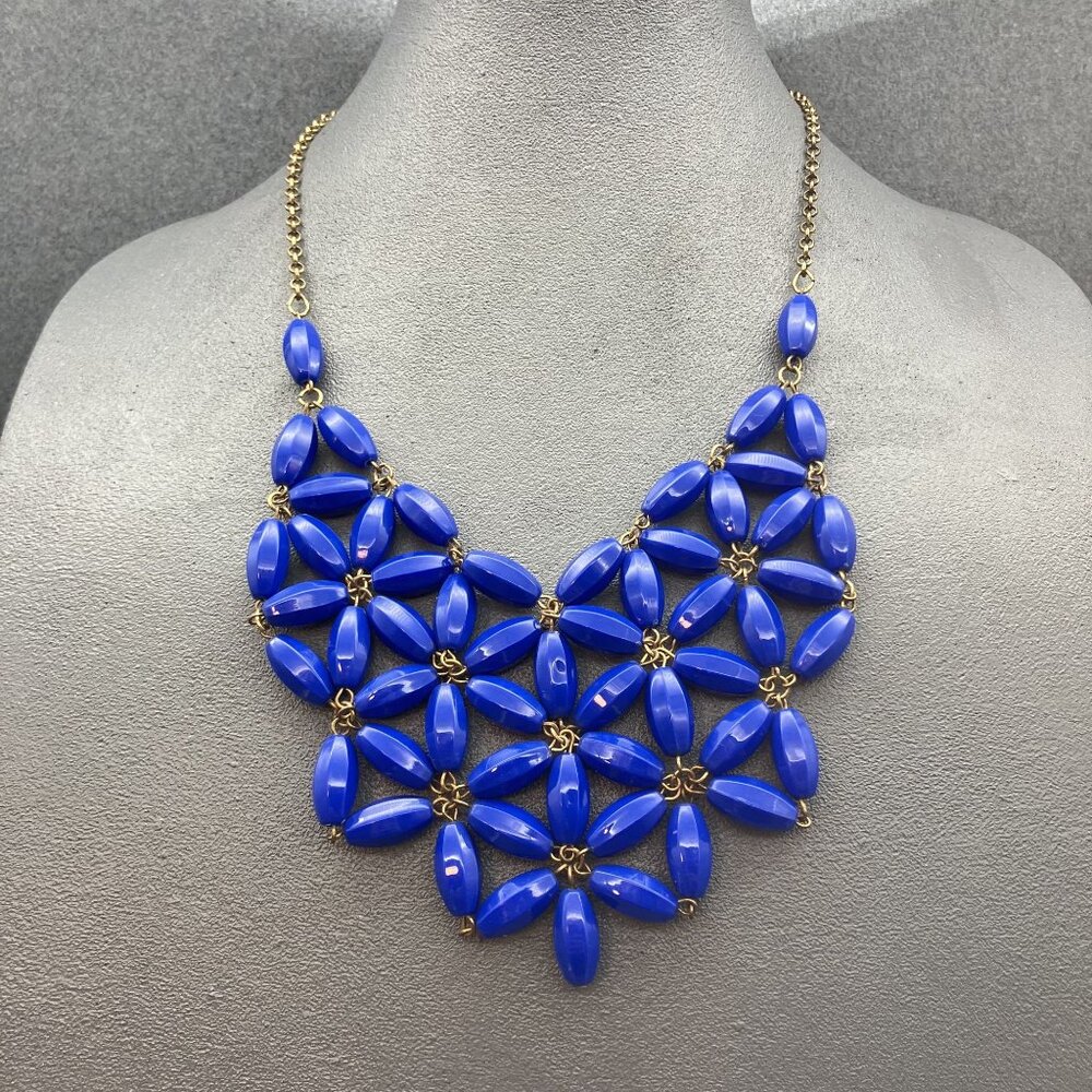 Blue Statement Necklace 21 In Bold Bib Chunky Geometric Beads Gold Chain Retro